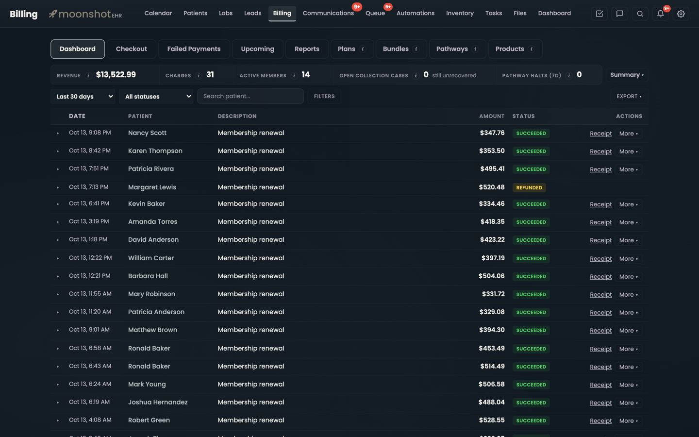 Moonshot EHR billing dashboard listing membership renewals with succeeded and refunded statuses, active member count, and tabs for Failed Payments, Upcoming, Plans and Bundles