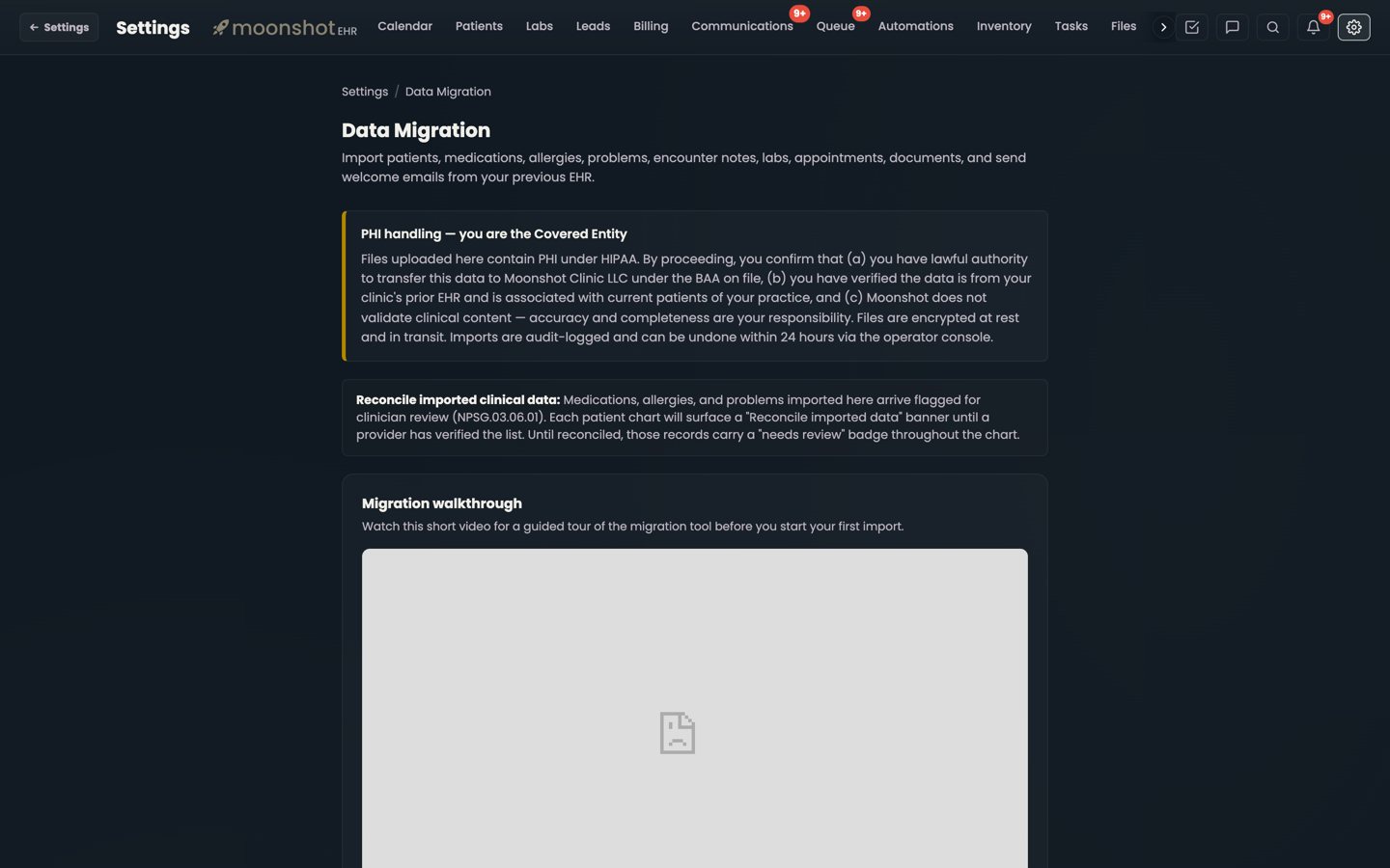 Moonshot EHR Settings, Data Migration page, showing the PHI handling notice, the reconcile-imported-data rule and the import walkthrough