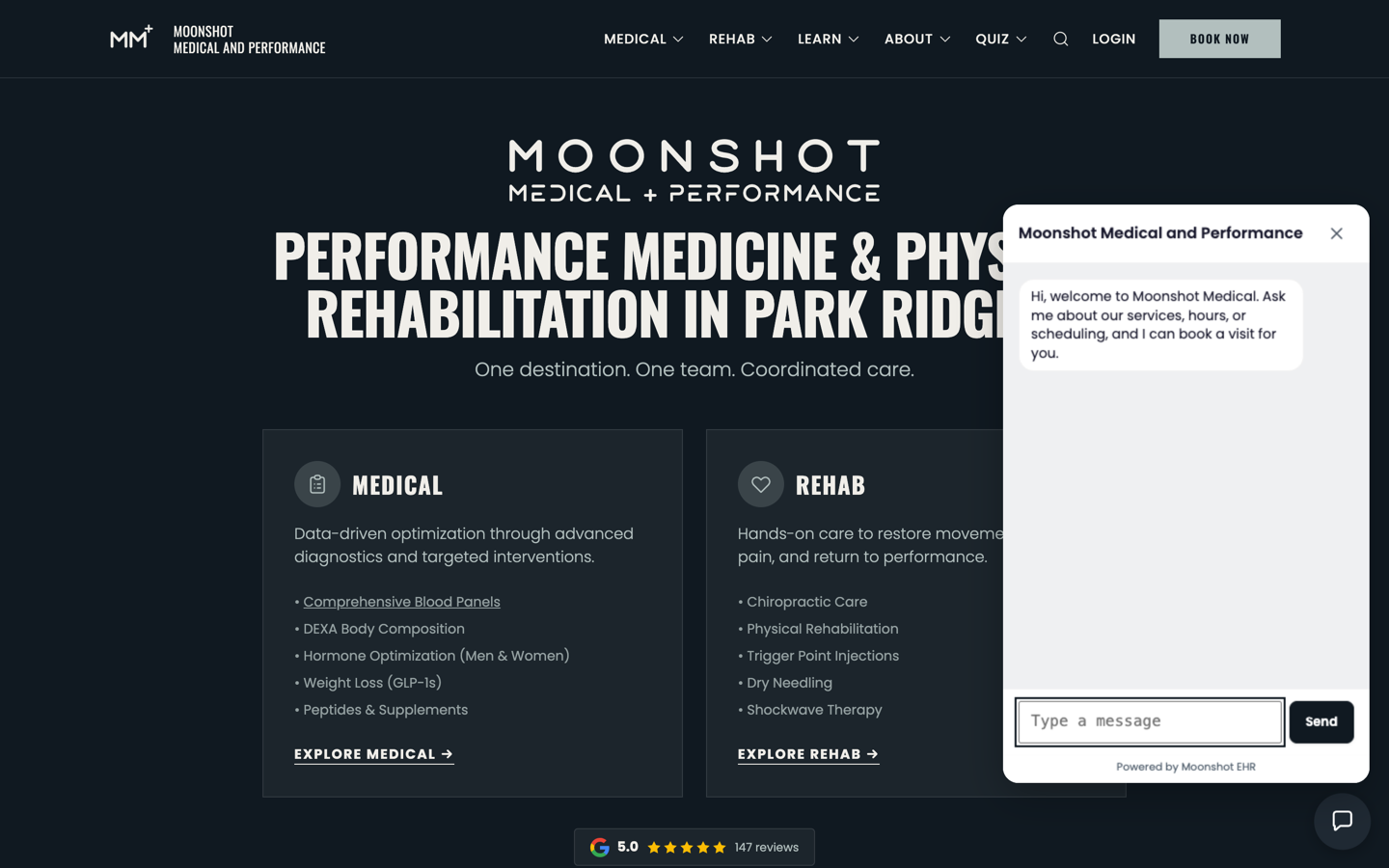 Moonshot EHR website chat open on a clinic website, greeting the visitor and offering to answer questions or book a visit