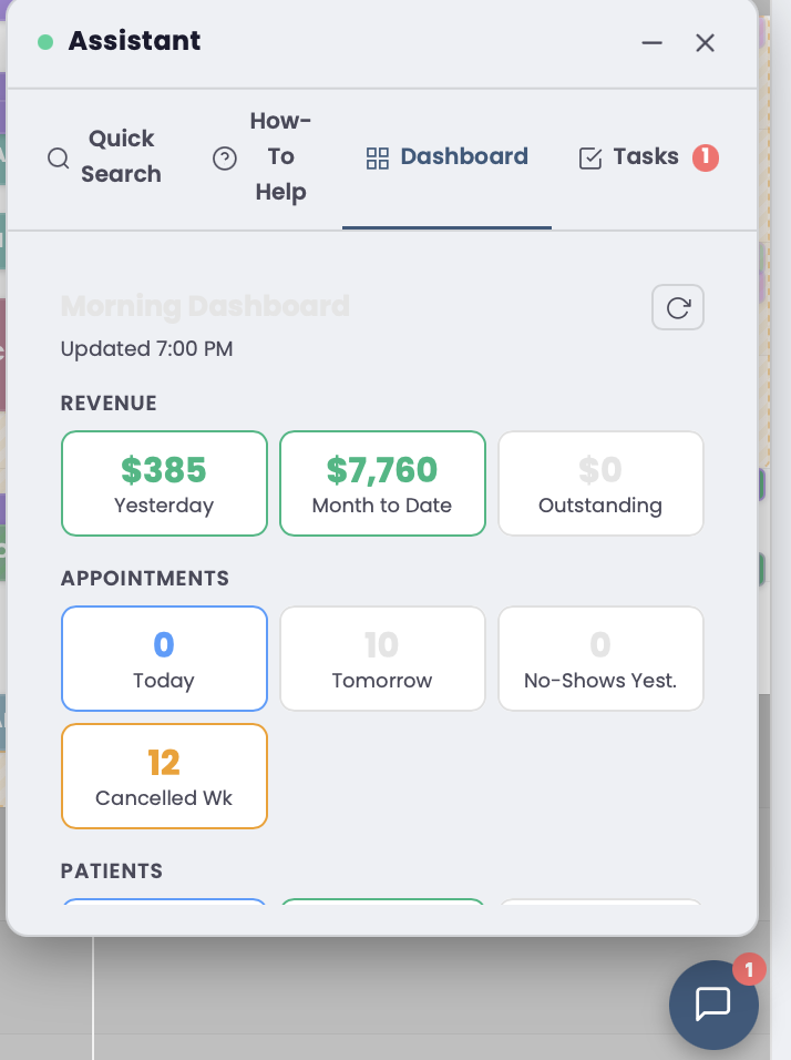 AI assistant morning dashboard showing revenue and appointment summaries