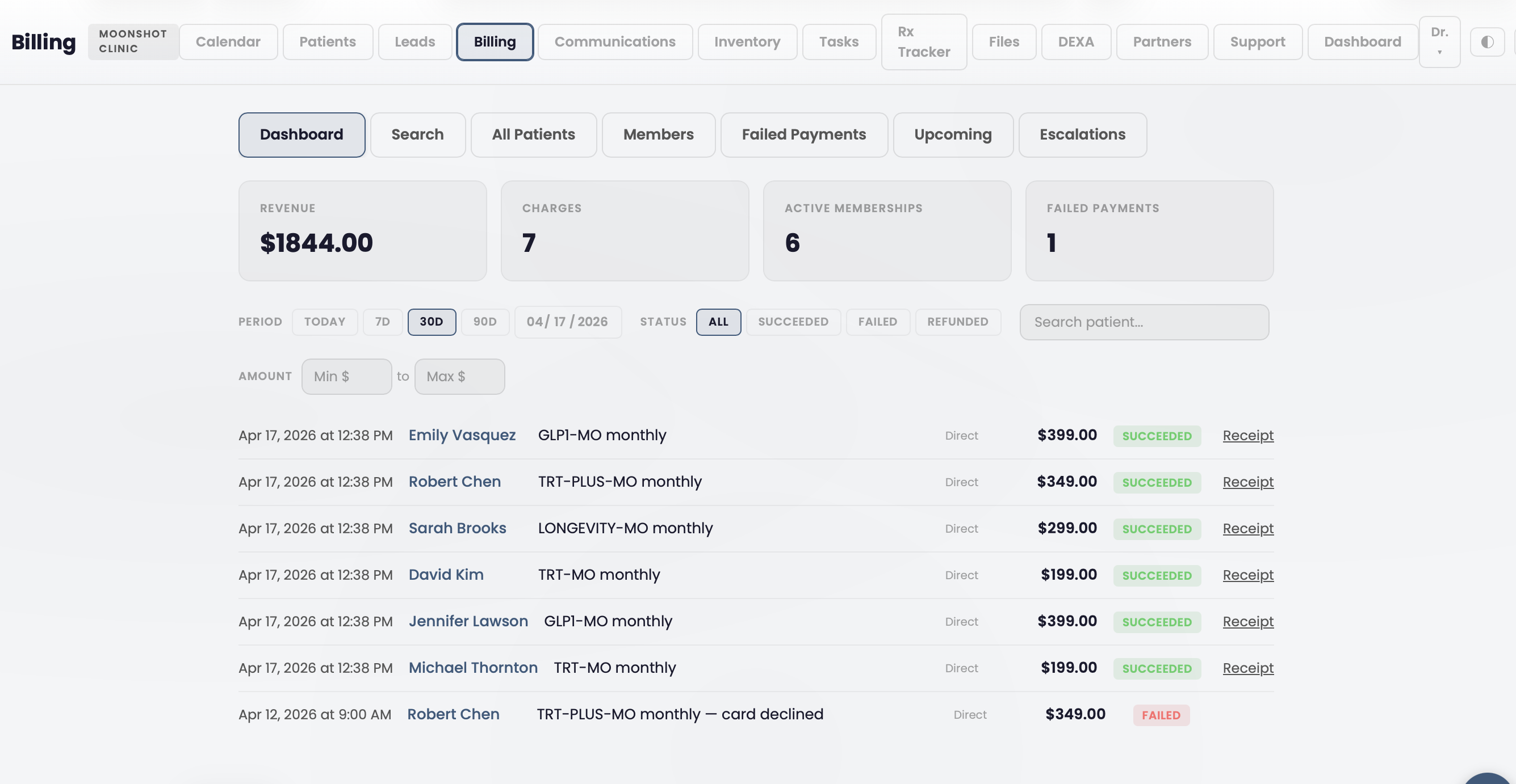 Billing dashboard showing active memberships, revenue, and payment history