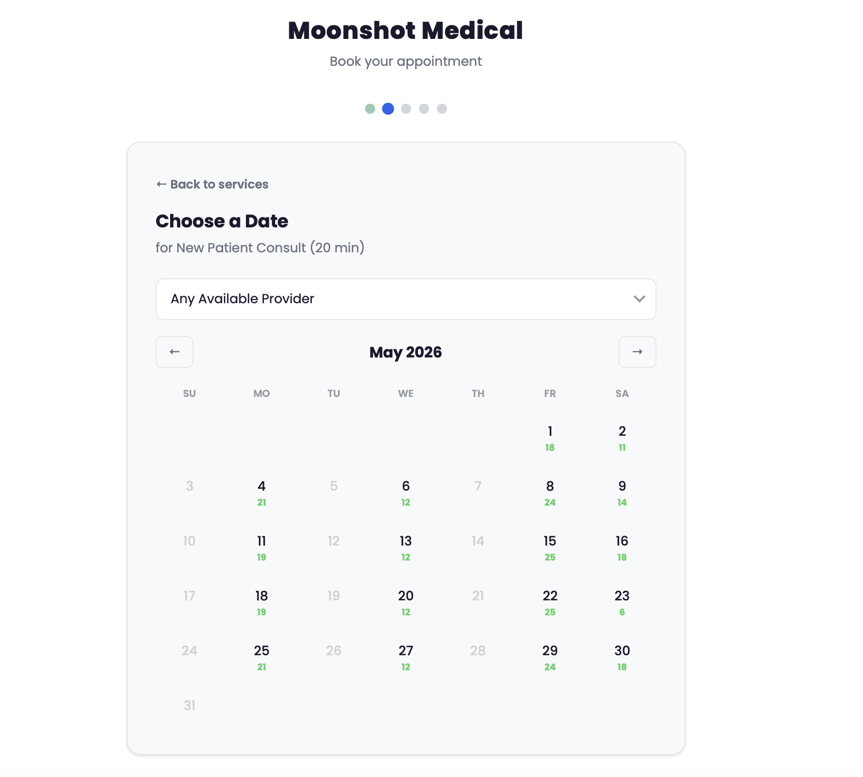 Self-service booking date picker in the patient portal