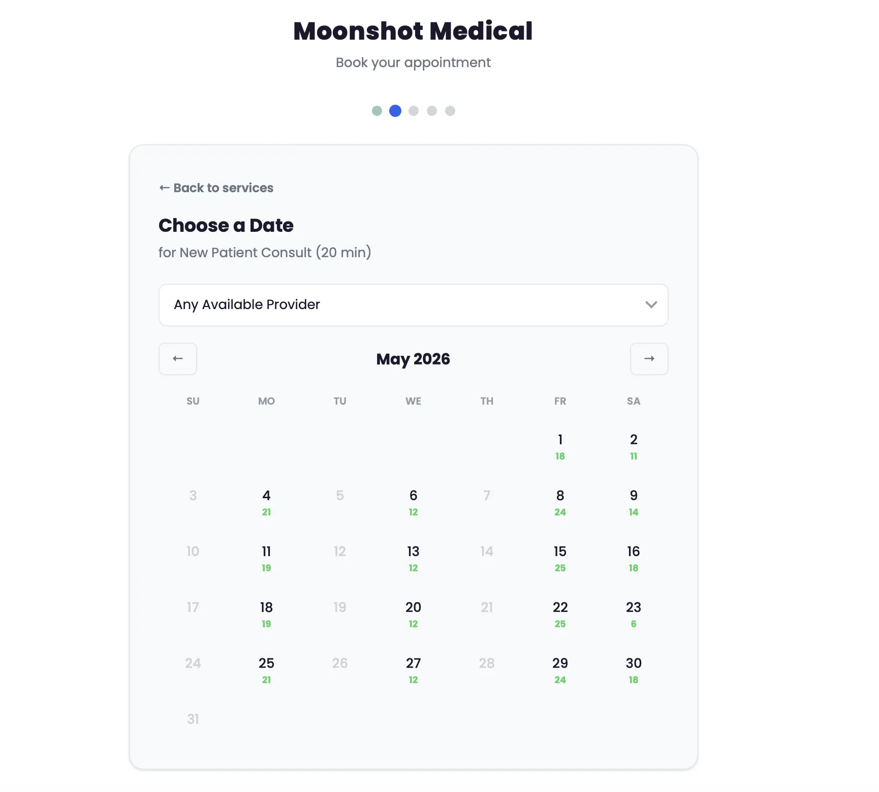 Online booking flow with date picker for scheduling appointments