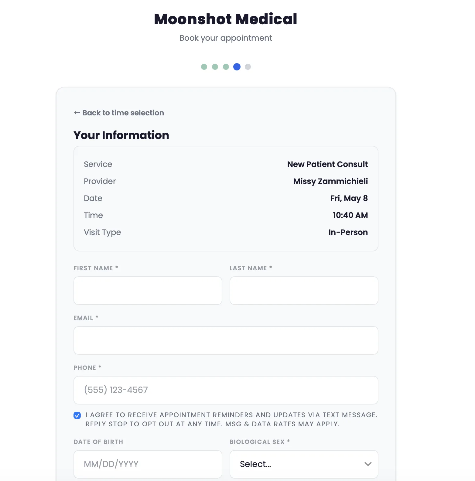 Booking flow patient information form