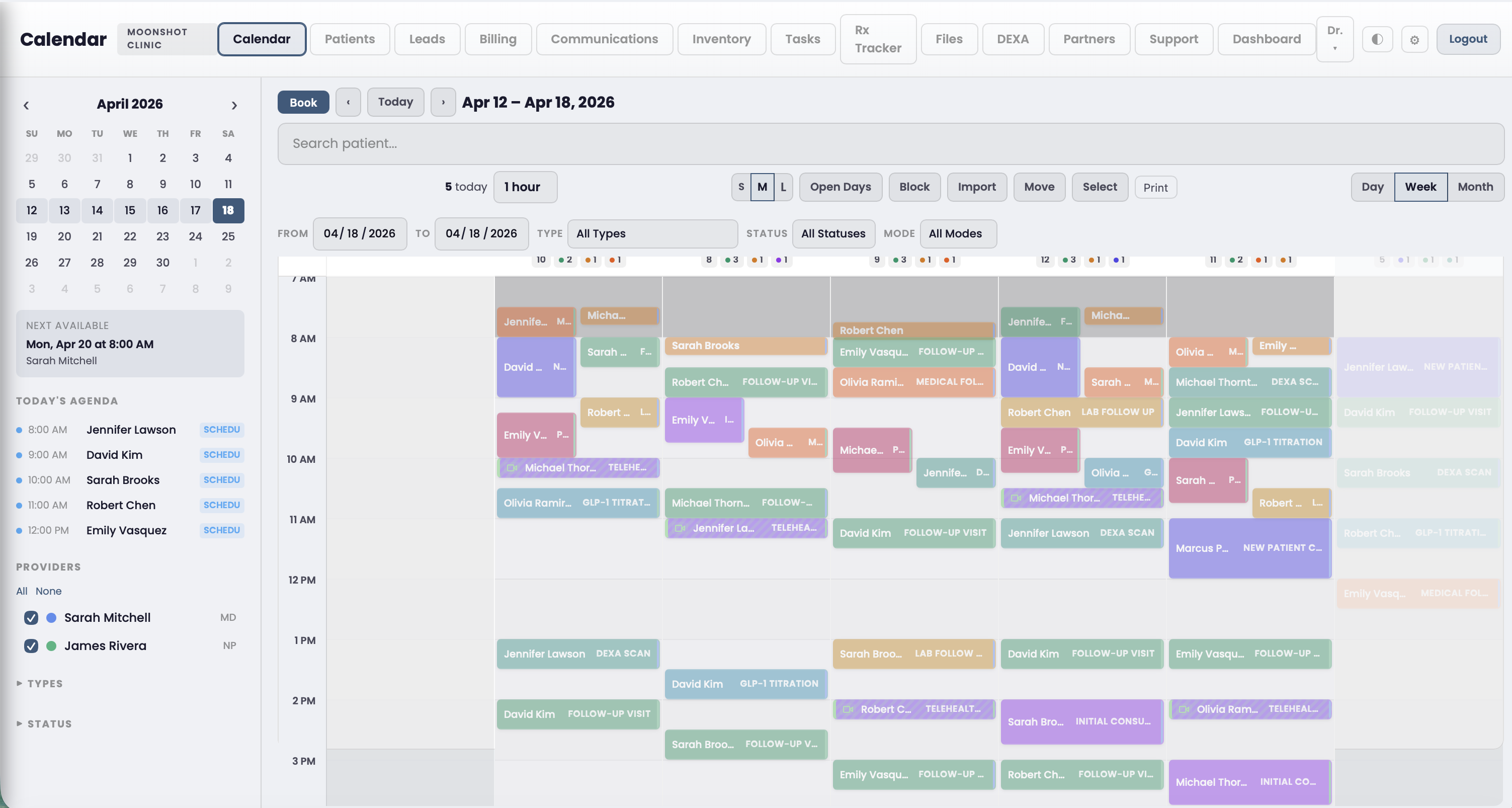 Moonshot Clinic EHR weekly calendar showing a full schedule of color-coded appointments across two providers