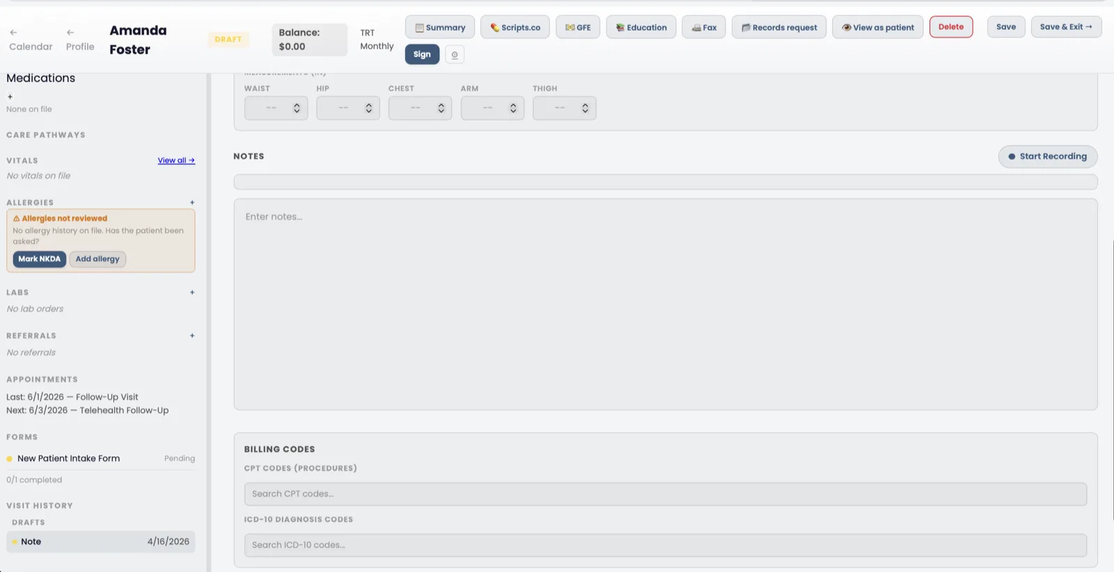 Encounter note editor showing the notes field, ambient scribe recording, body measurements, and CPT/ICD-10 billing codes alongside the patient sidebar