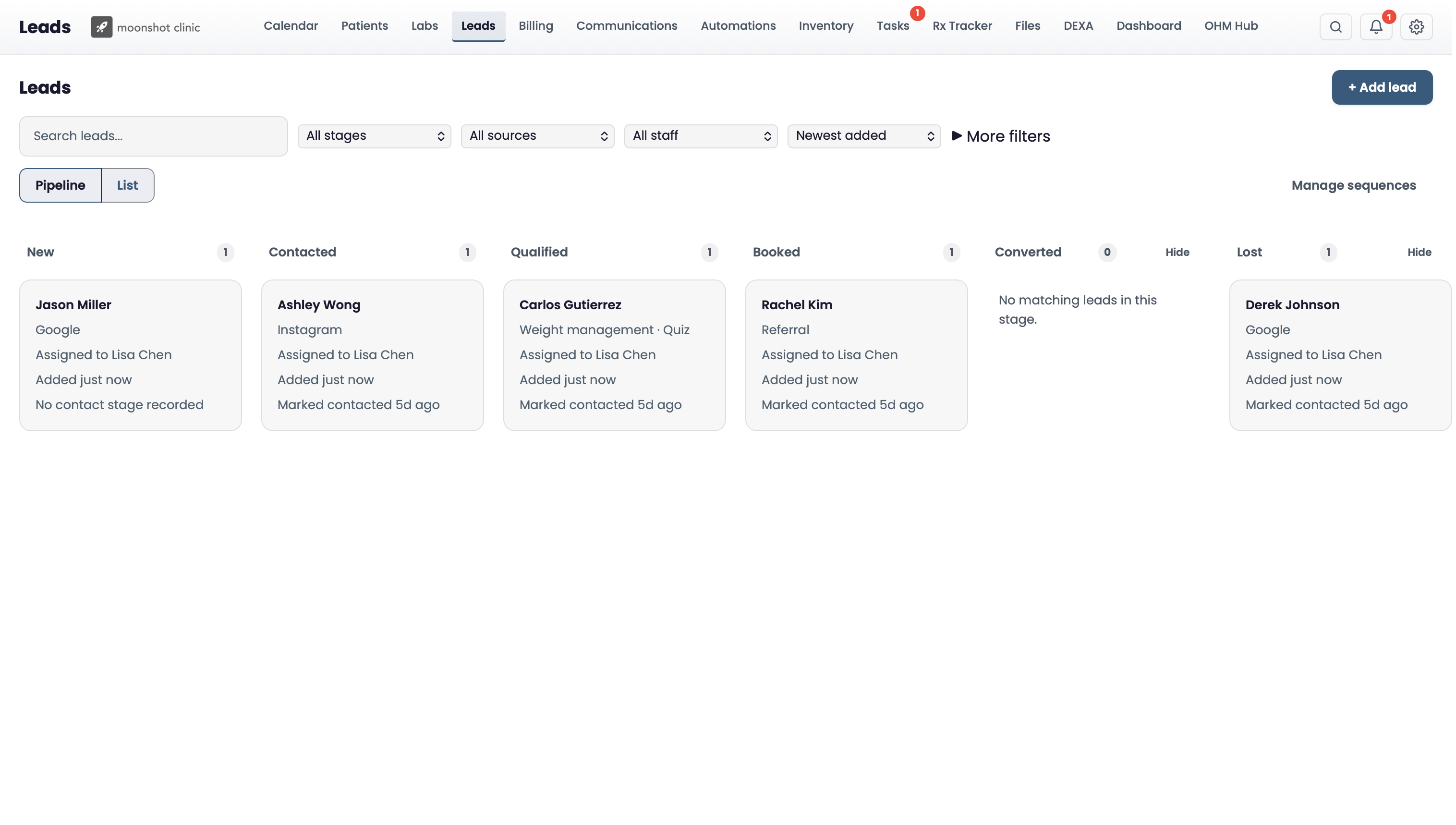 Moonshot built-in CRM showing lead stages, sources, and assigned staff