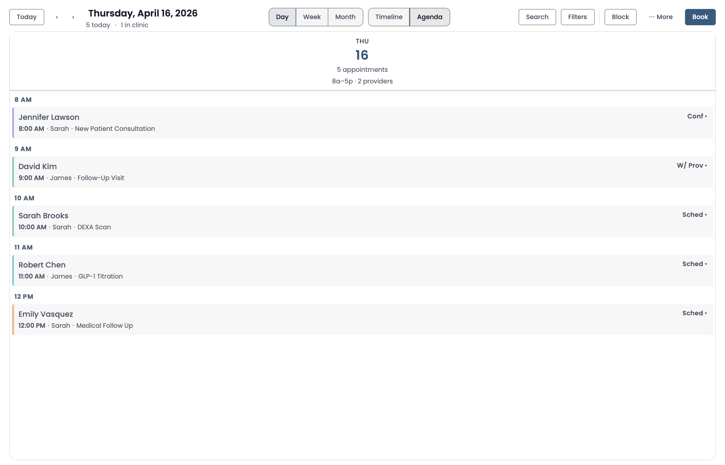 Moonshot Day Agenda showing scheduled visits with client names, providers, times, appointment types, and statuses