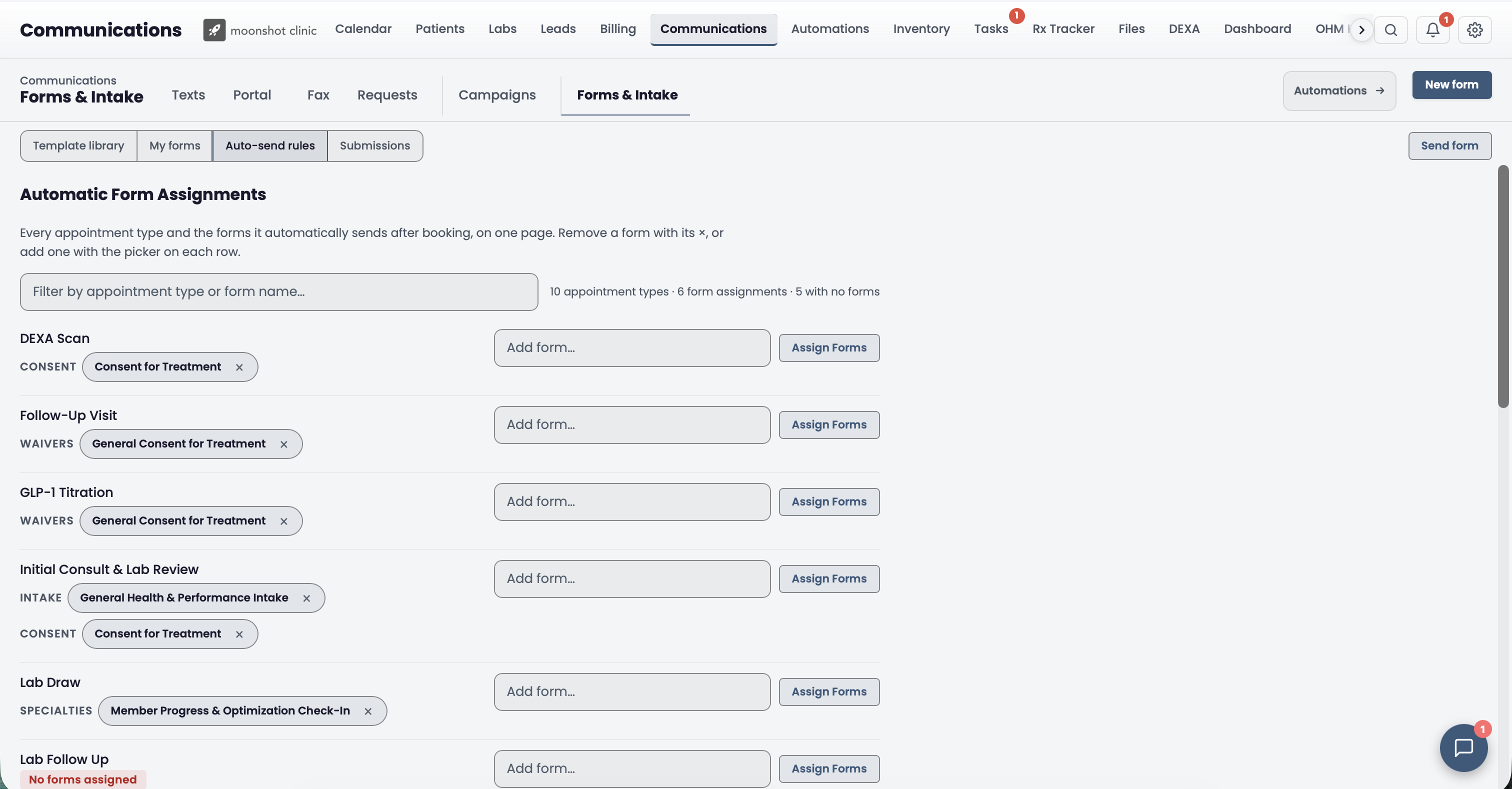 Moonshot automatic form assignments with visit types including GLP-1 Titration and Initial Consult and Lab Review