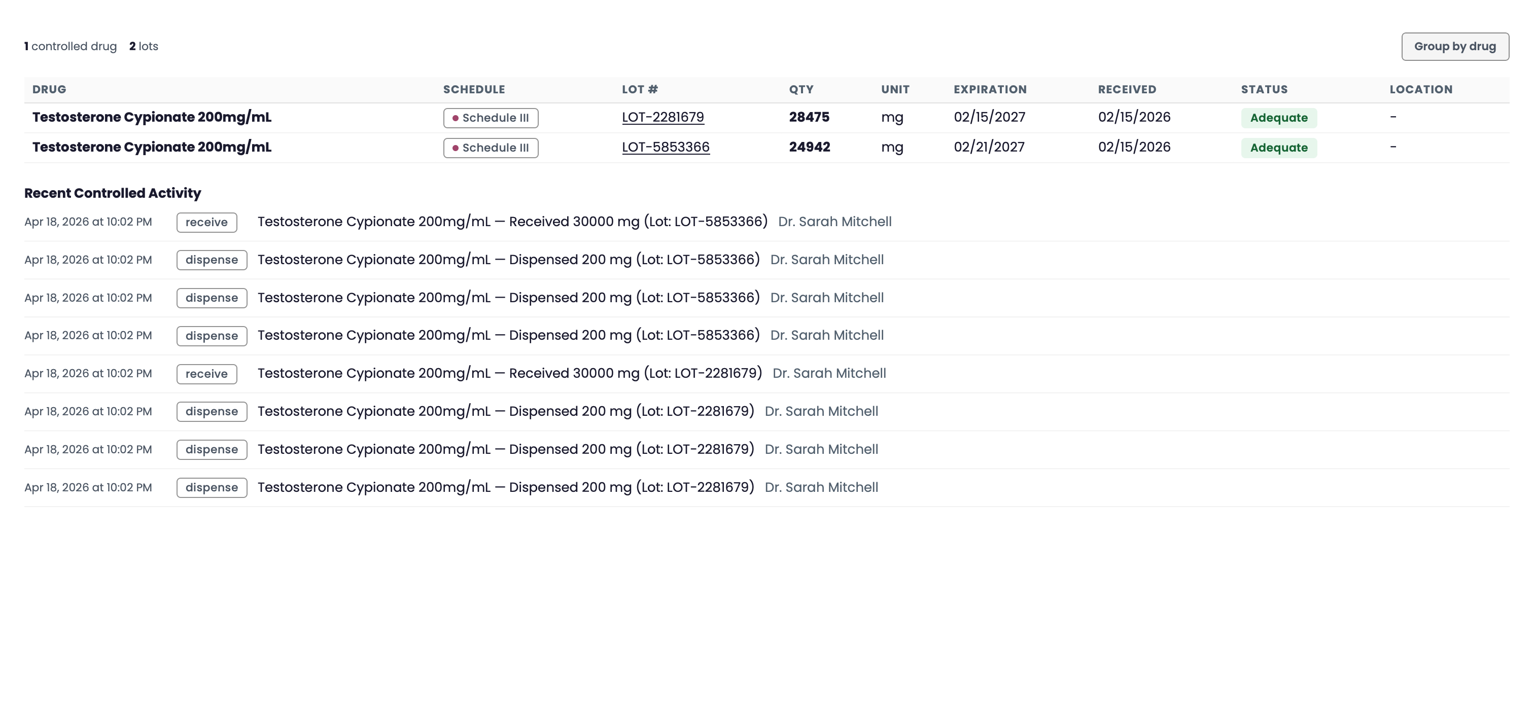 Moonshot inventory showing testosterone cypionate lots, remaining quantities in mg, expiration dates, and recent receipt and dispense activity