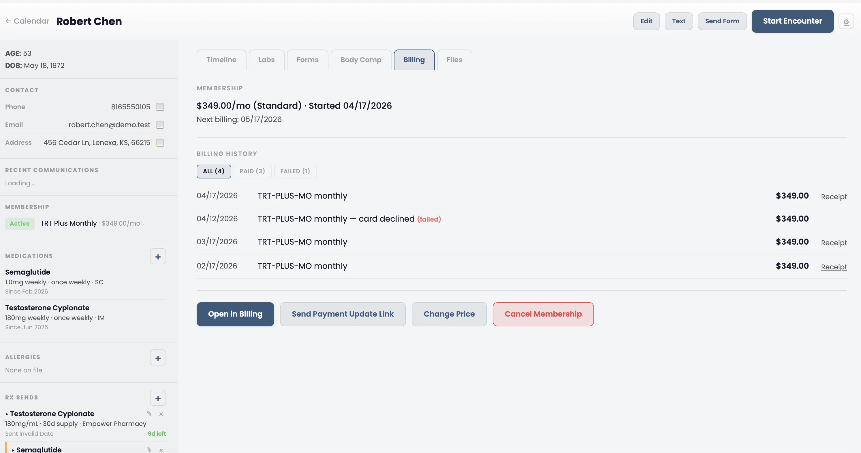 Prescription history showing sent, filled, and cancelled status tracking