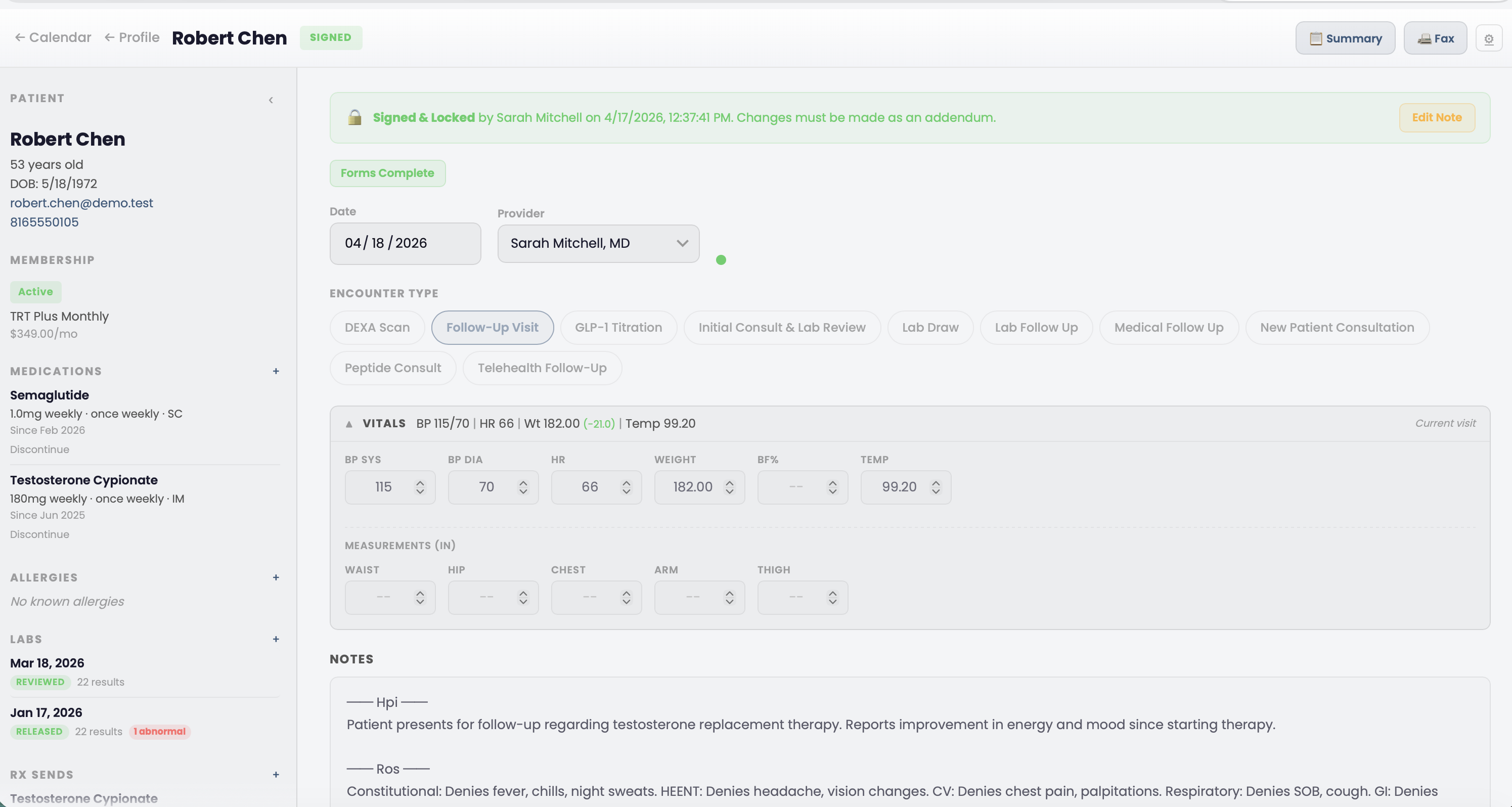 Patient chart with integrated e-prescribing showing prescription history and status tracking