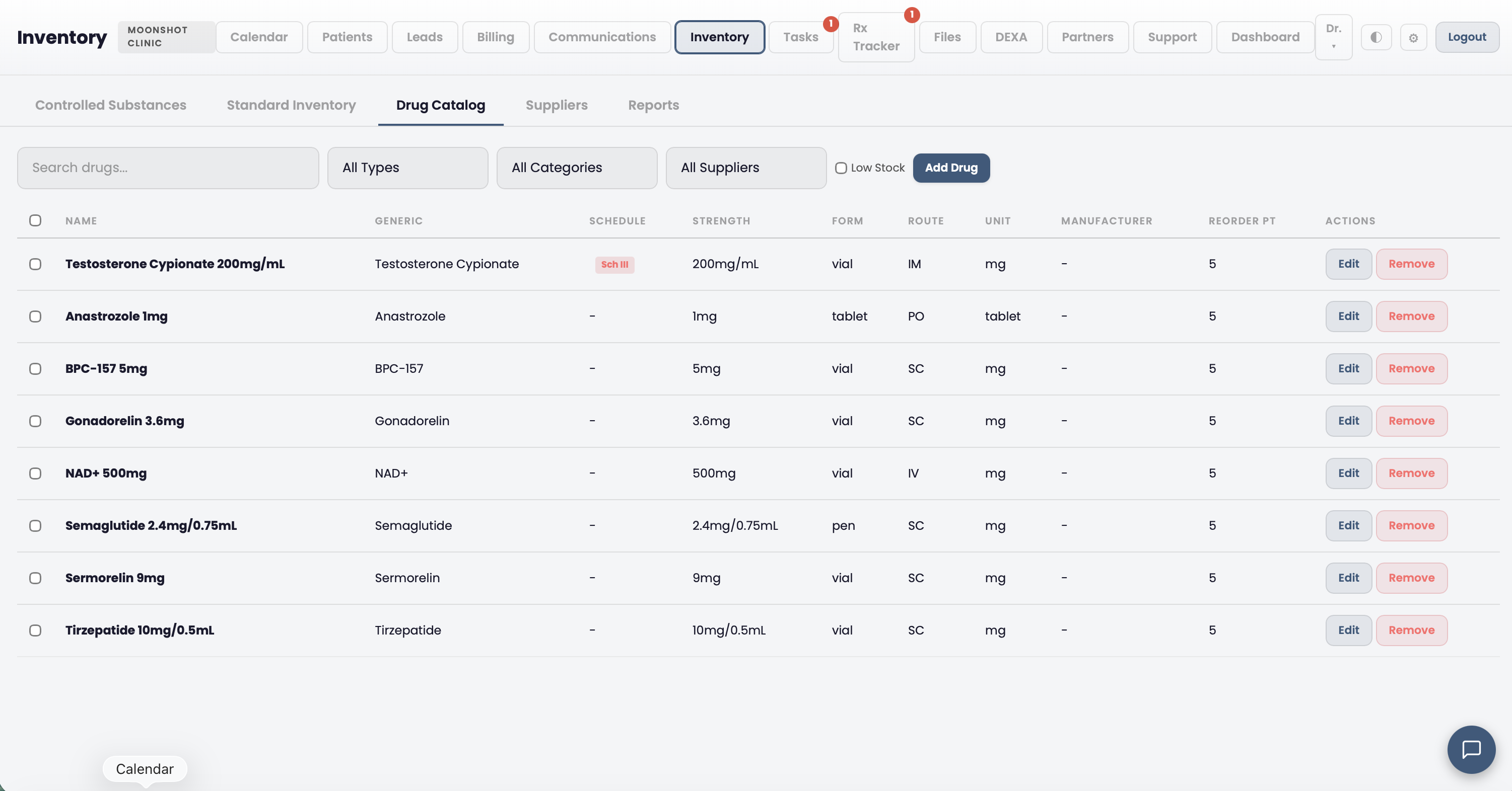 Drug catalog with NDC codes, unit types, and supplier information