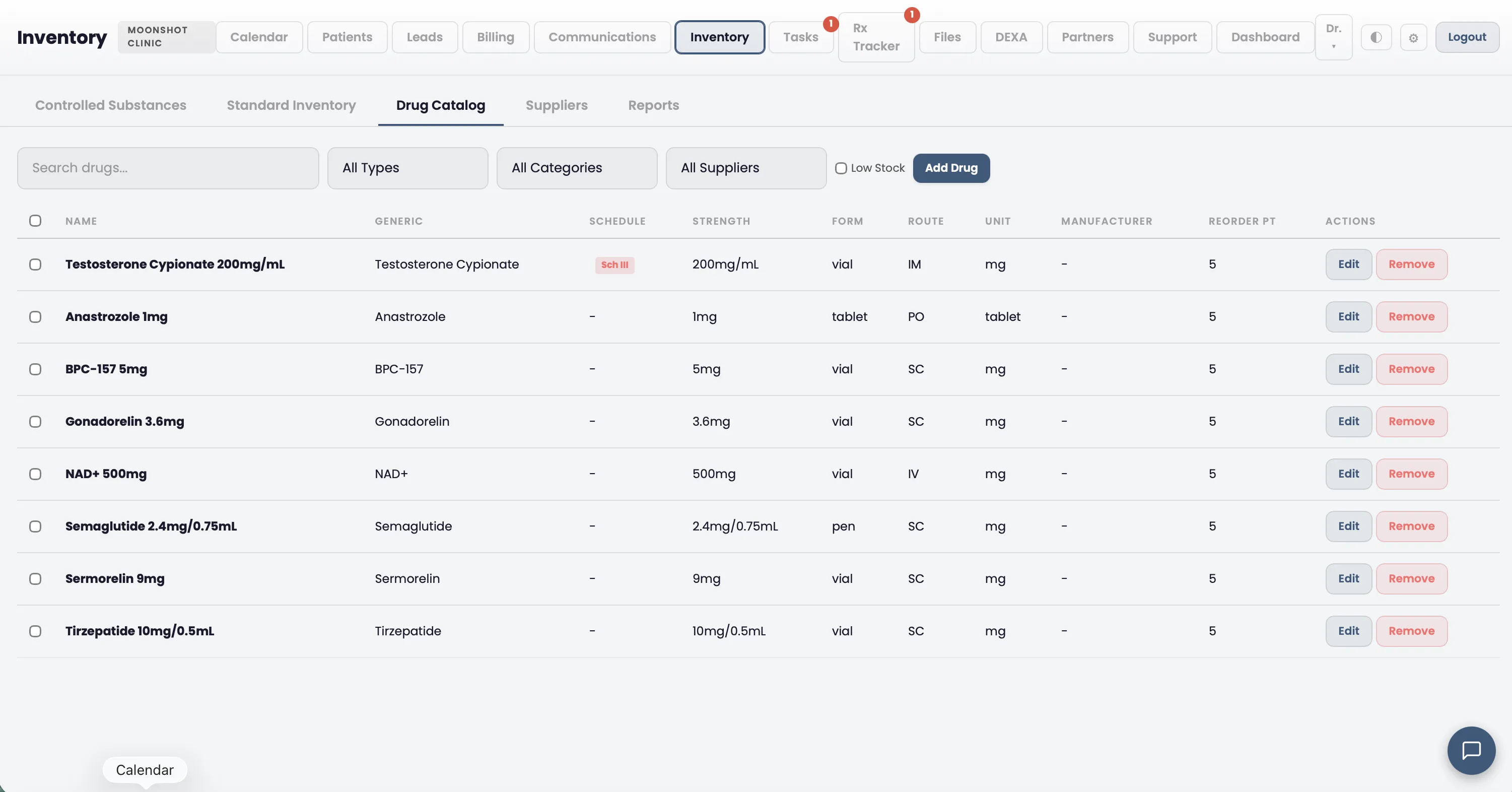 Drug catalog with NDC codes, unit types, and supplier information