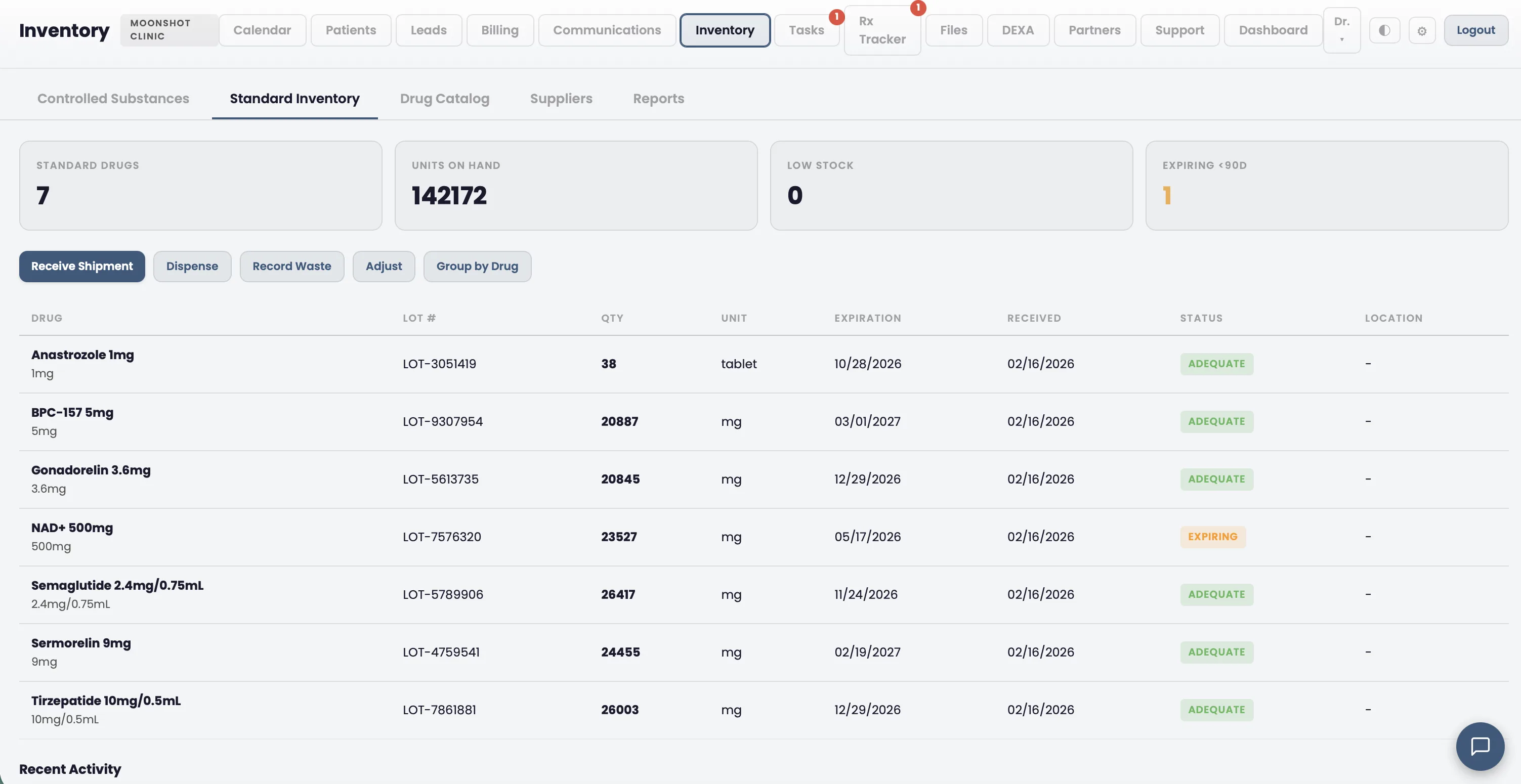 Standard inventory view with quantity tracking and reorder alerts