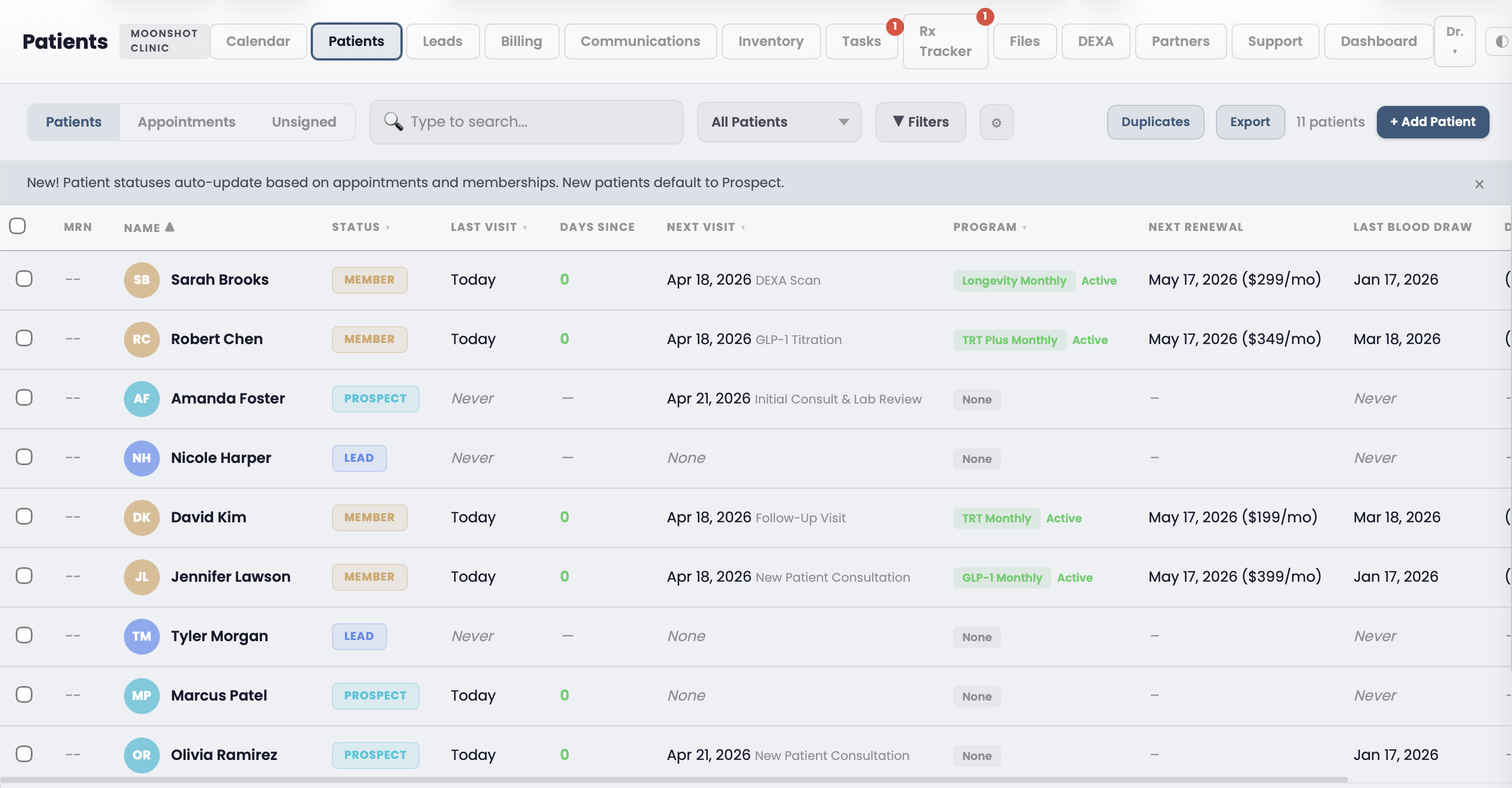 Moonshot Clinic EHR patient list dashboard showing patient overview, recent activity, and quick actions