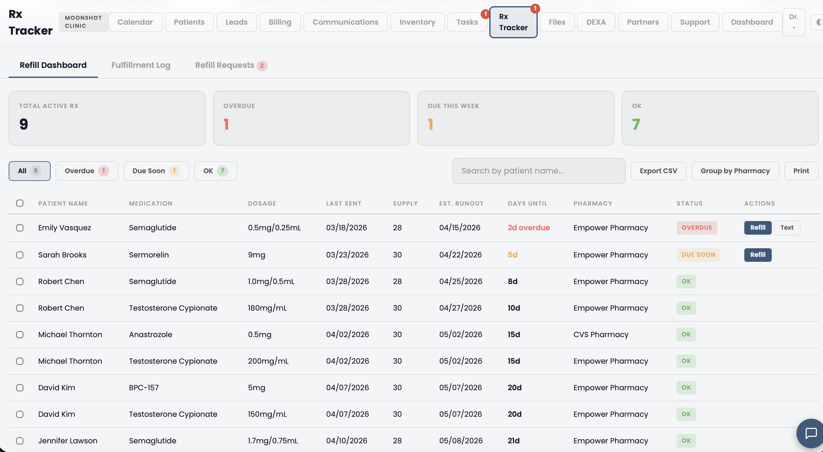 Prescription tracker showing EPCS status badges for controlled substances